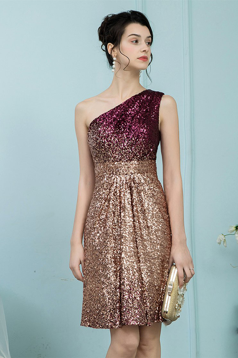 Ashlyn Homecoming Dresses Glitter Omber Gold One Shoulder Short Sequines Pleats
