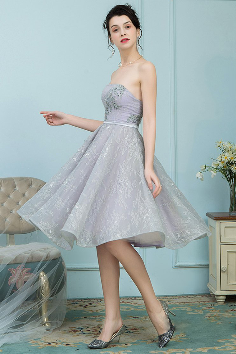 A-Line Strapless Shaniya Homecoming Dresses Lace Grey Ball Gown With Rhinestones