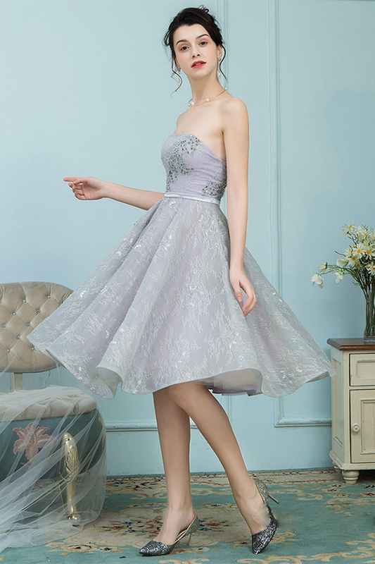 A-Line Strapless Shaniya Homecoming Dresses Lace Grey Ball Gown With Rhinestones