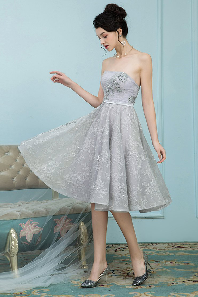 A-Line Strapless Shaniya Homecoming Dresses Lace Grey Ball Gown With Rhinestones