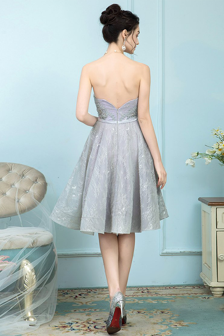 A-Line Strapless Shaniya Homecoming Dresses Lace Grey Ball Gown With Rhinestones