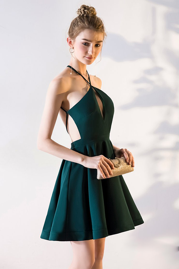 A-Line V-Neck Knee-Length Satin Homecoming Dresses Vivien Hunter