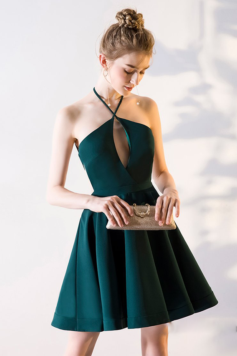 A-Line V-Neck Knee-Length Satin Homecoming Dresses Vivien Hunter