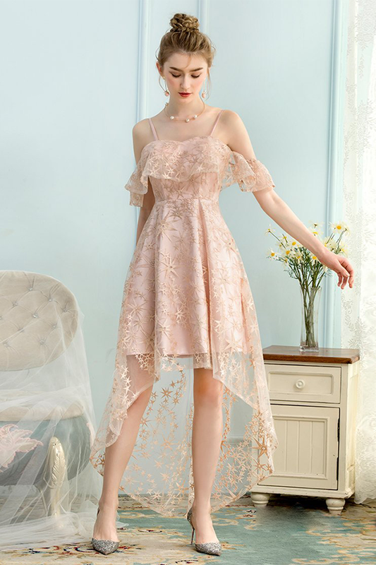 High Low A-Line Spaghetti Lace Homecoming Dresses Ximena Pink Straps Ice