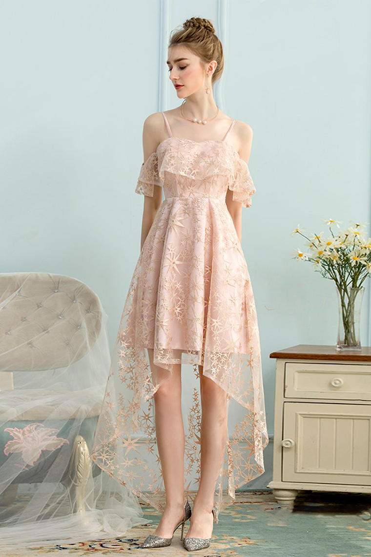 High Low A-Line Spaghetti Lace Homecoming Dresses Ximena Pink Straps Ice
