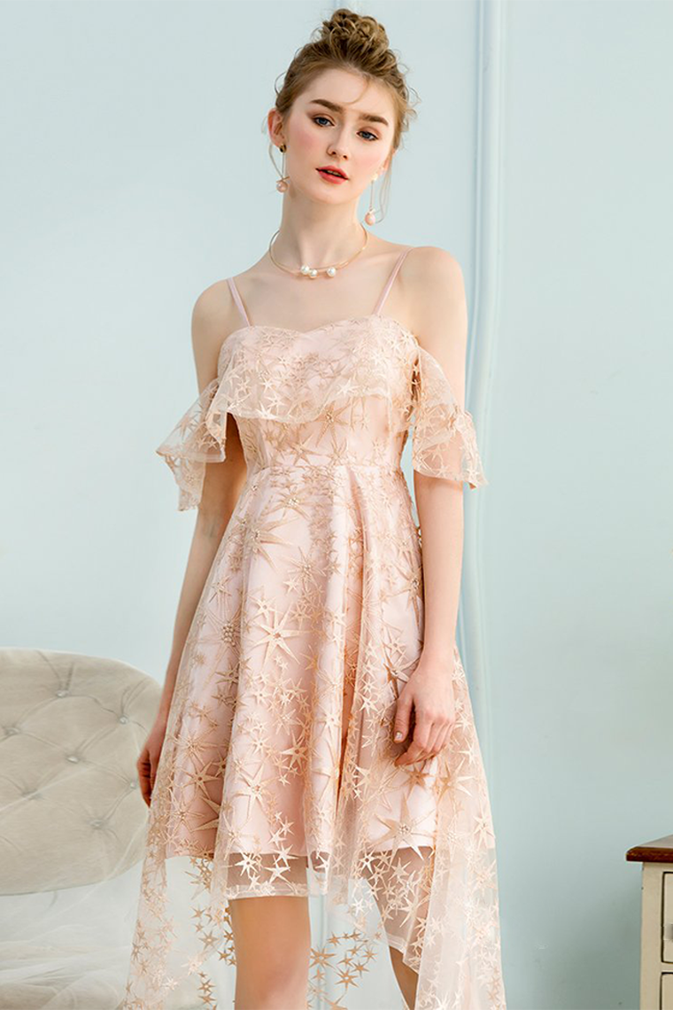 High Low A-Line Spaghetti Lace Homecoming Dresses Ximena Pink Straps Ice