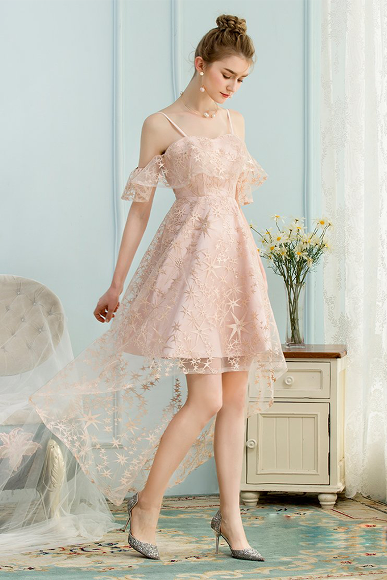 High Low A-Line Spaghetti Lace Homecoming Dresses Ximena Pink Straps Ice