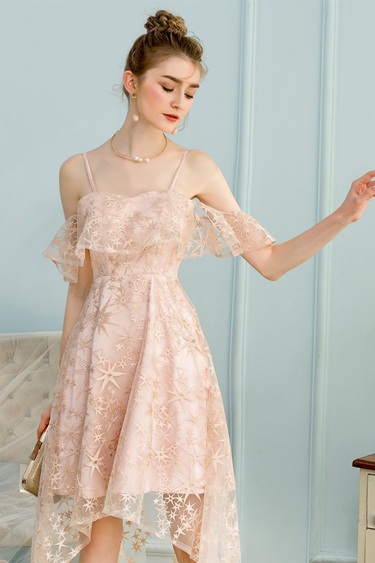 High Low A-Line Spaghetti Lace Homecoming Dresses Ximena Pink Straps Ice