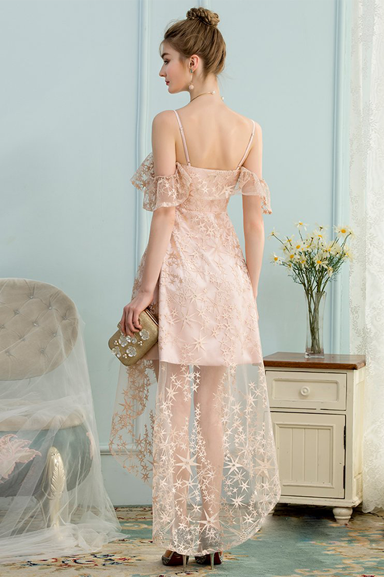 High Low A-Line Spaghetti Lace Homecoming Dresses Ximena Pink Straps Ice