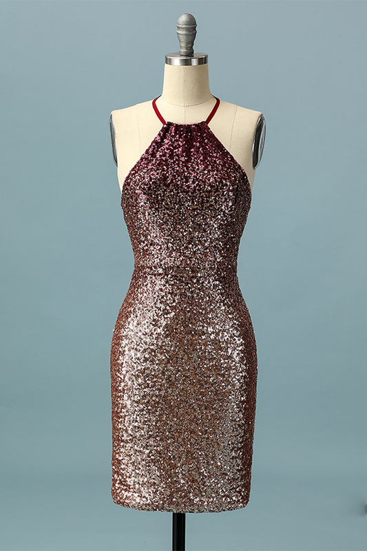 Sheath Halter Ombre Sequin Homecoming Dresses Amaya Open Back