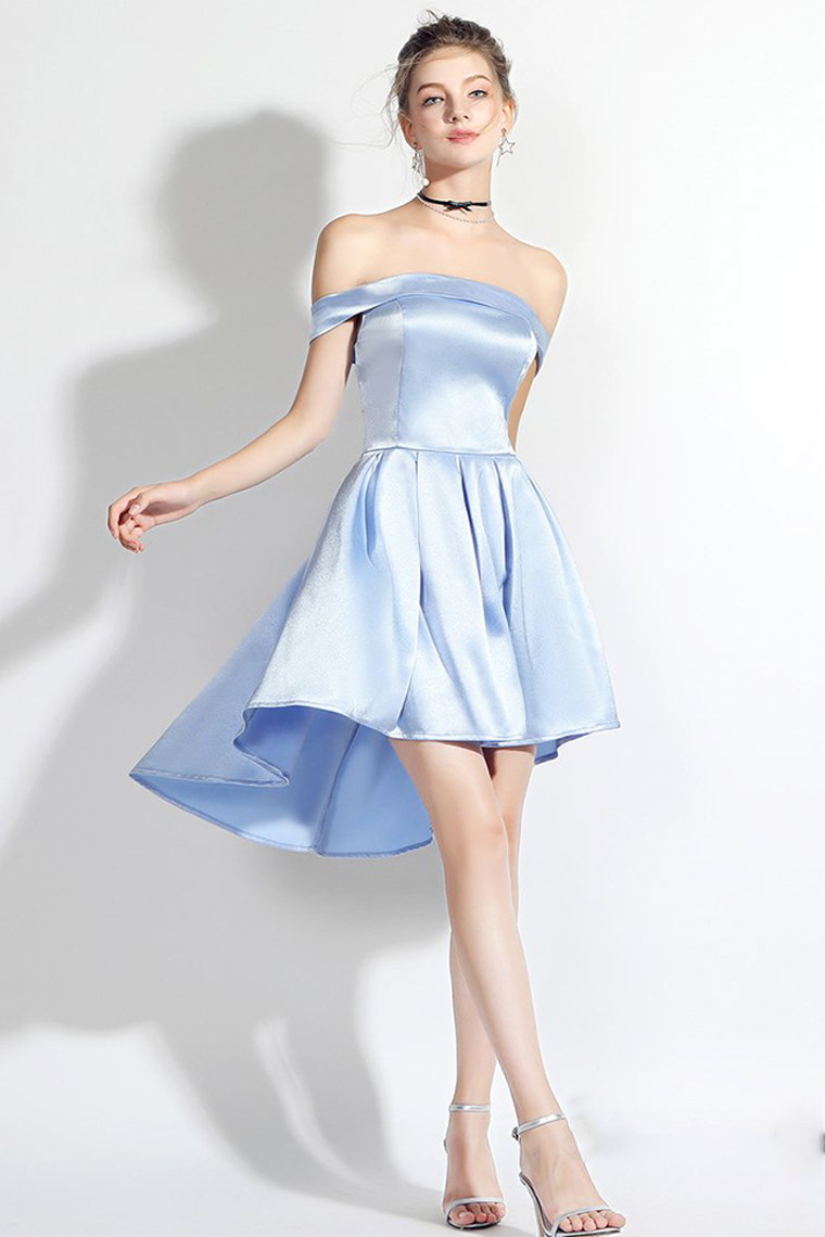 High Low Off-The-Shoulder Light Sky Satin Minnie Homecoming Dresses Blue