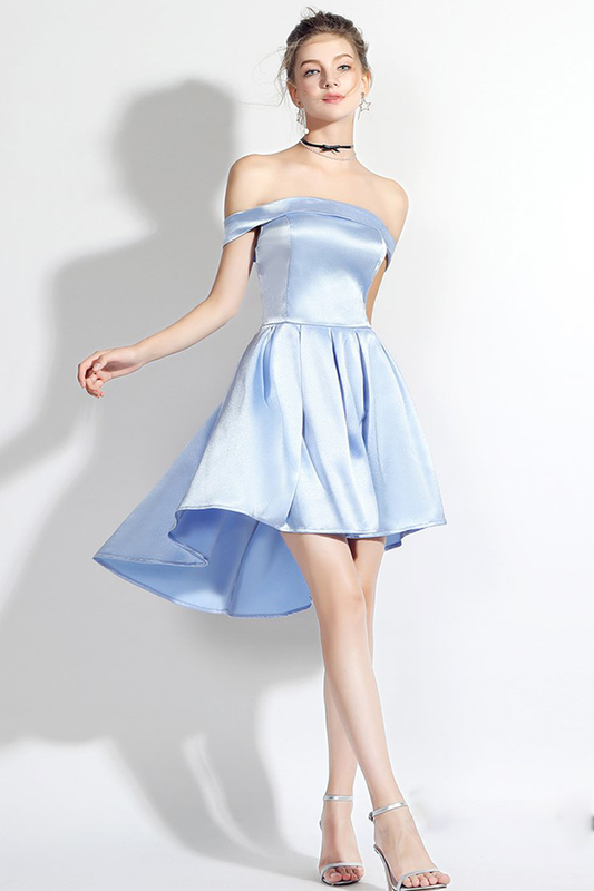 High Low Off-The-Shoulder Light Sky Satin Minnie Homecoming Dresses Blue