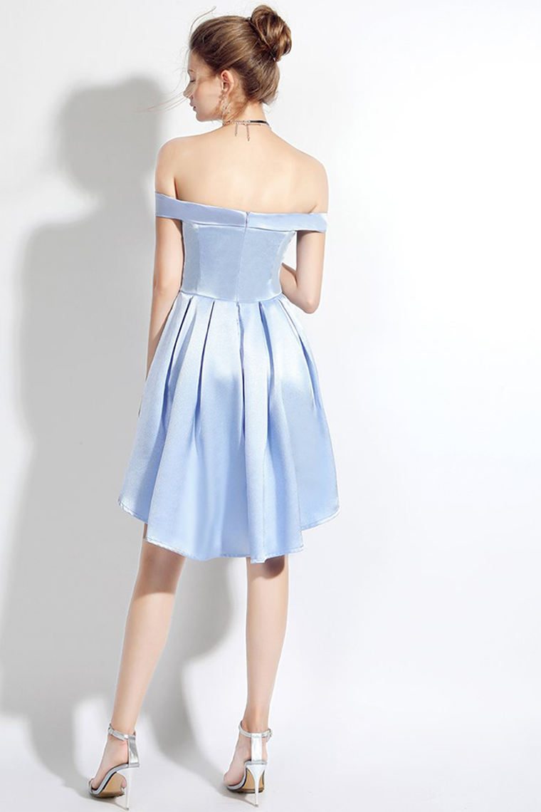 High Low Off-The-Shoulder Light Sky Satin Minnie Homecoming Dresses Blue