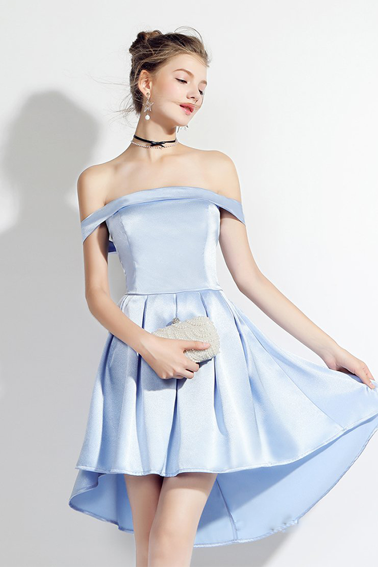 High Low Off-The-Shoulder Light Sky Satin Minnie Homecoming Dresses Blue