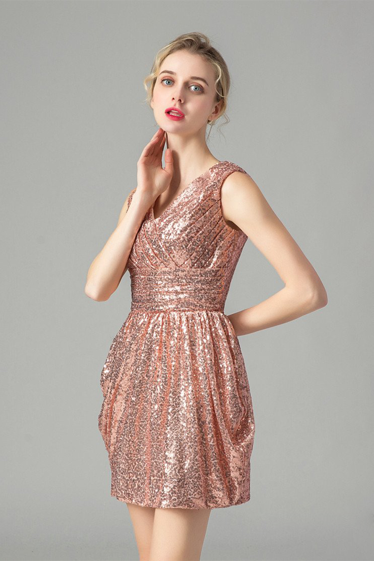 Sexy A-Line V-Neck Backless Pink Wendy Homecoming Dresses Short Sequins