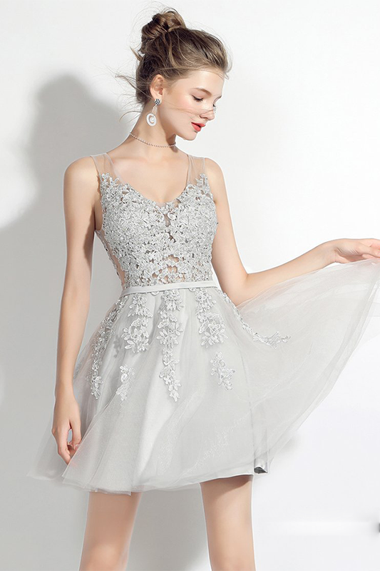 A-Line V-Neck Grey With Sash Homecoming Dresses Zara Appliques