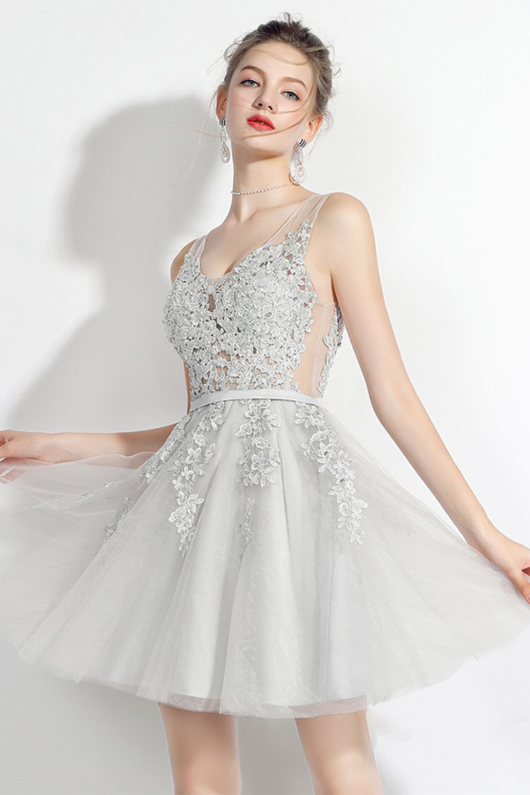 A-Line V-Neck Grey With Sash Homecoming Dresses Zara Appliques
