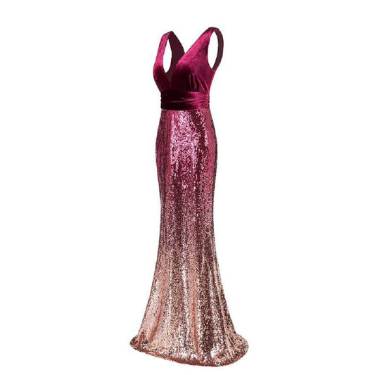 Sexy Sequins Mermaid V Neck Burgundy Velvet Long Prom Dresses Backless Evening Dress SRS15352