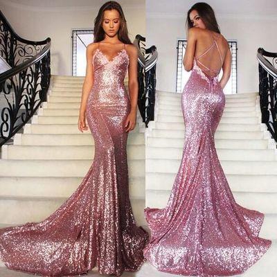 Rose Gold Sequin Mermaid Long Spaghetti Strap Sexy Backless Dresses For Prom RS133