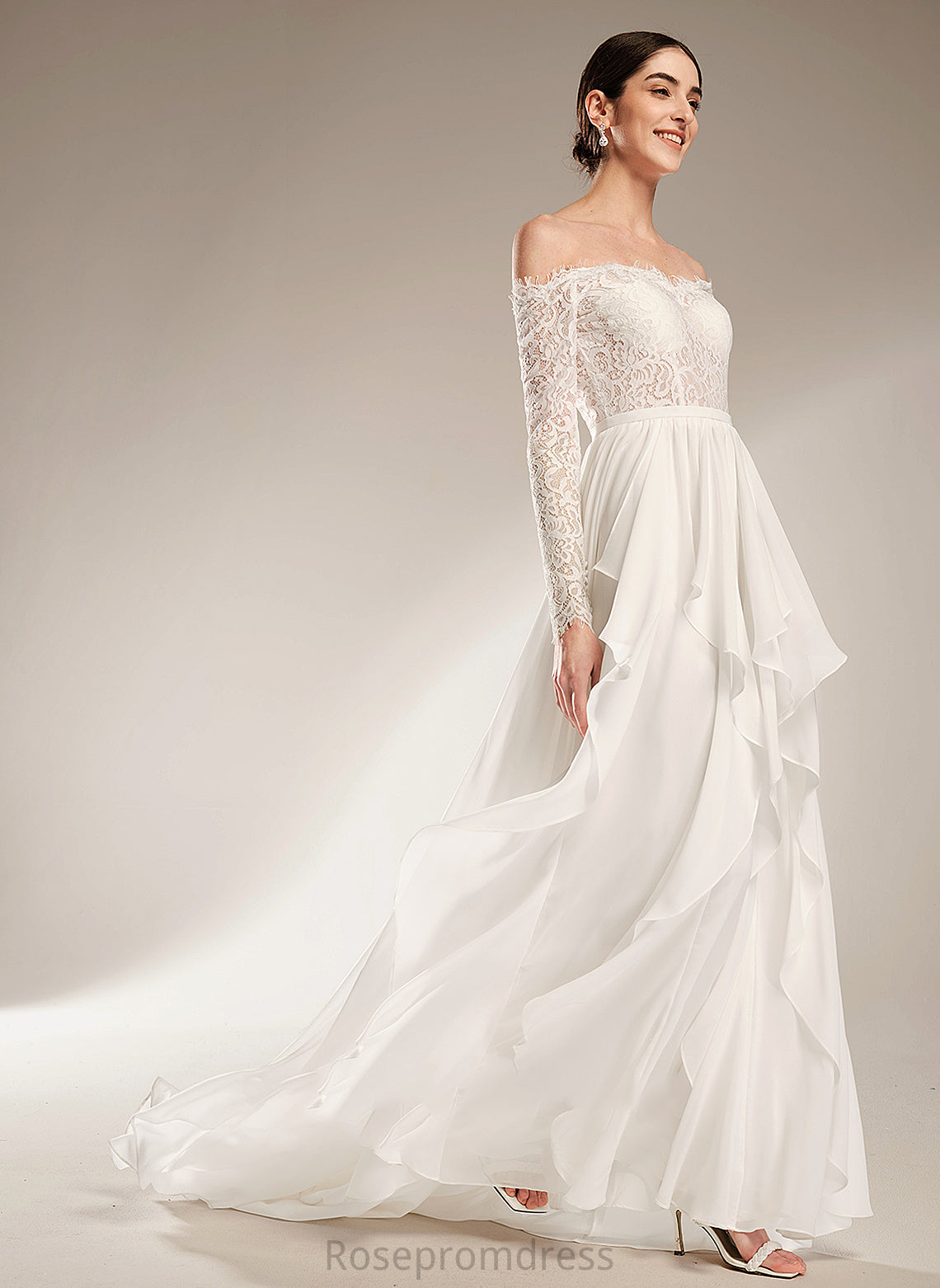 A-Line Off-the-Shoulder Wedding Dresses Ruffle With Train Wedding Nathalie Court Dress