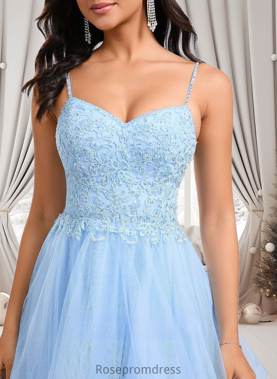 Izabella A-line V-Neck Short Lace Tulle Homecoming Dress With Rhinestone Sequins DSP0025658