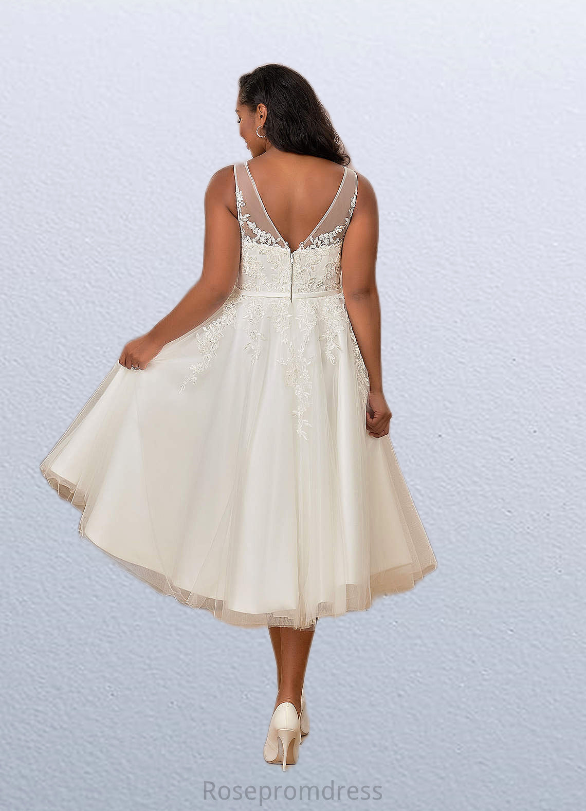 Polly A-Line Lace Satin Tea-Length Dress SRSP0020051