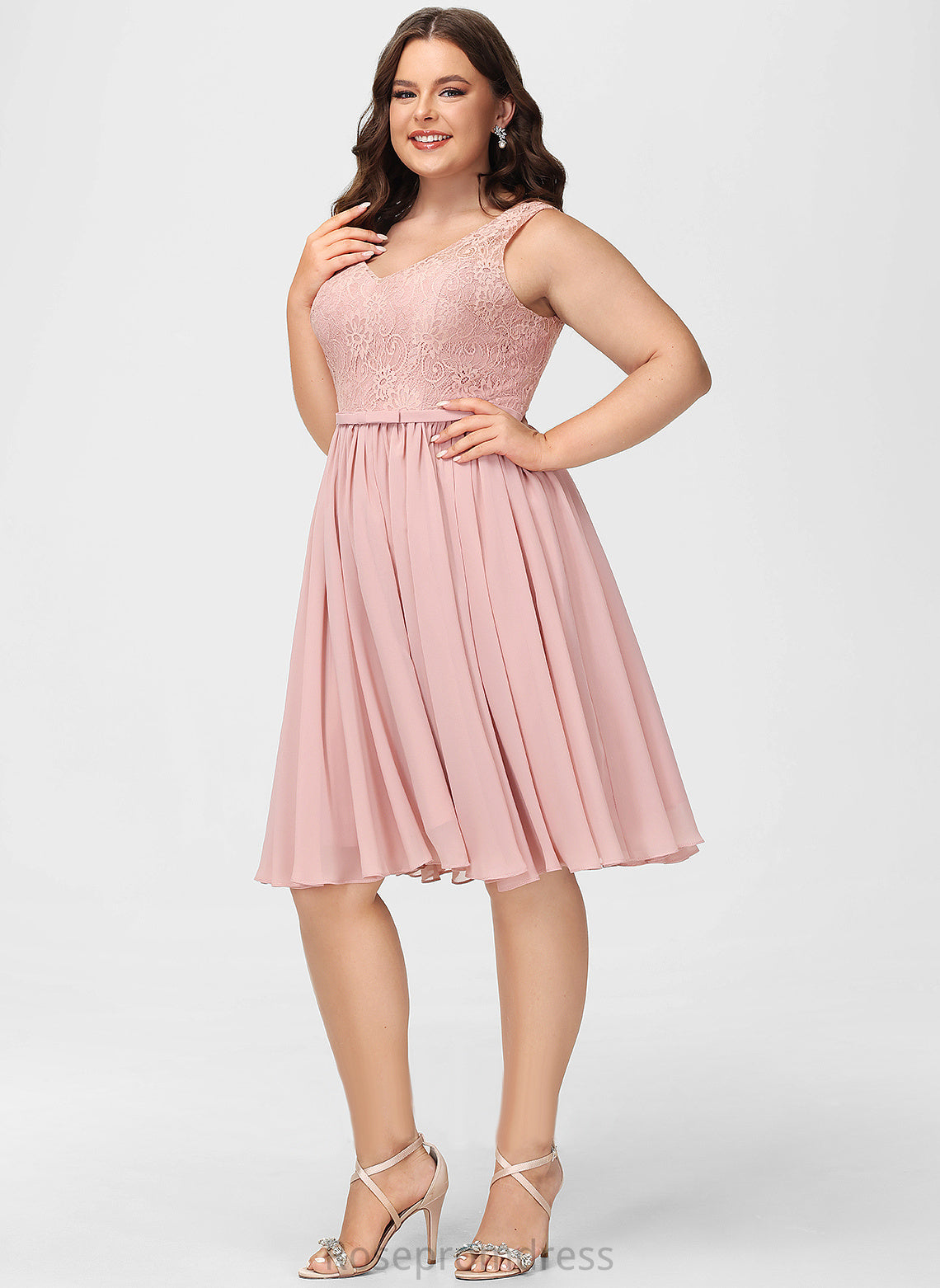 Lace Knee-Length A-line Length Neckline Silhouette Fabric V-Neck Embellishment Hayley Bridesmaid Dresses