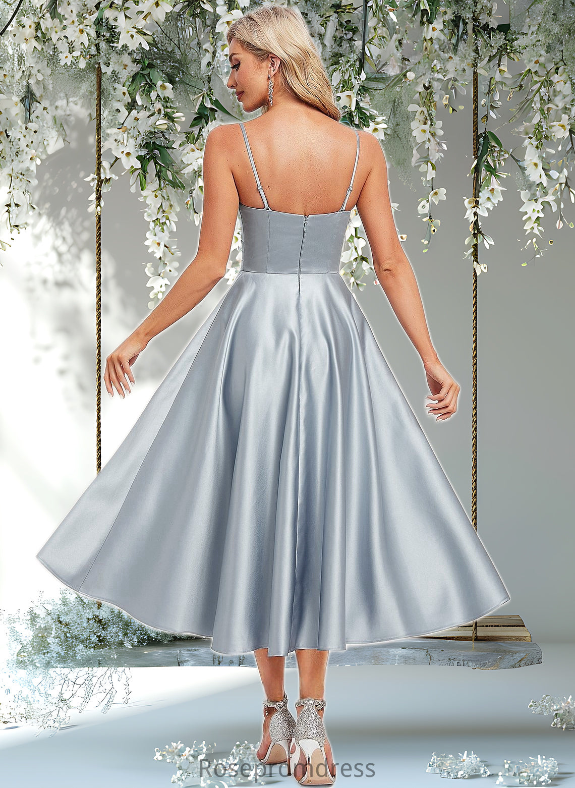 Marissa A-line V-Neck Tea-Length Satin Bridesmaid Dress DSP0025794