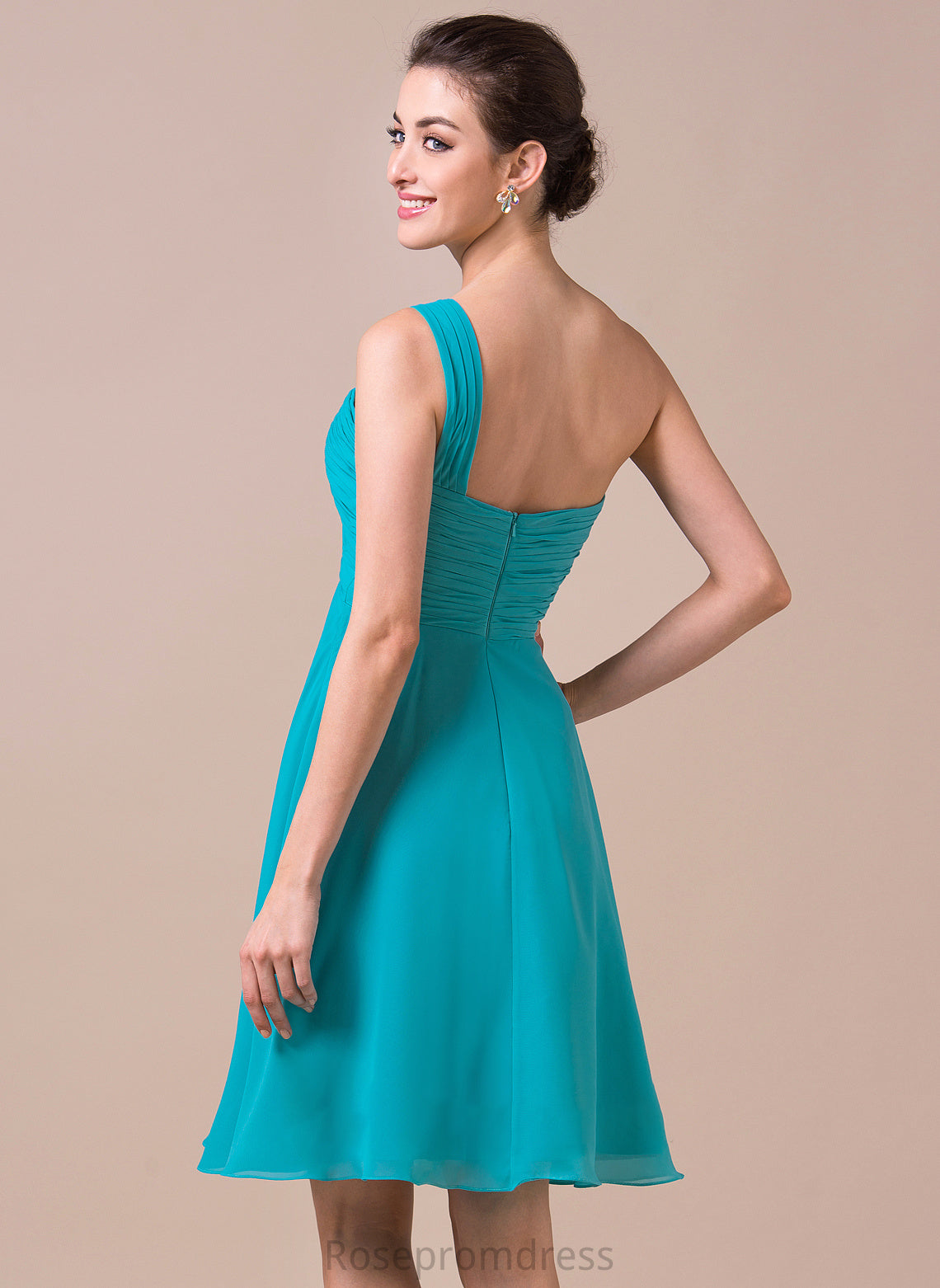 One-Shoulder Fabric Ruffle Embellishment Length Neckline Knee-Length Silhouette Empire Marcia Sleeveless Natural Waist Bridesmaid Dresses
