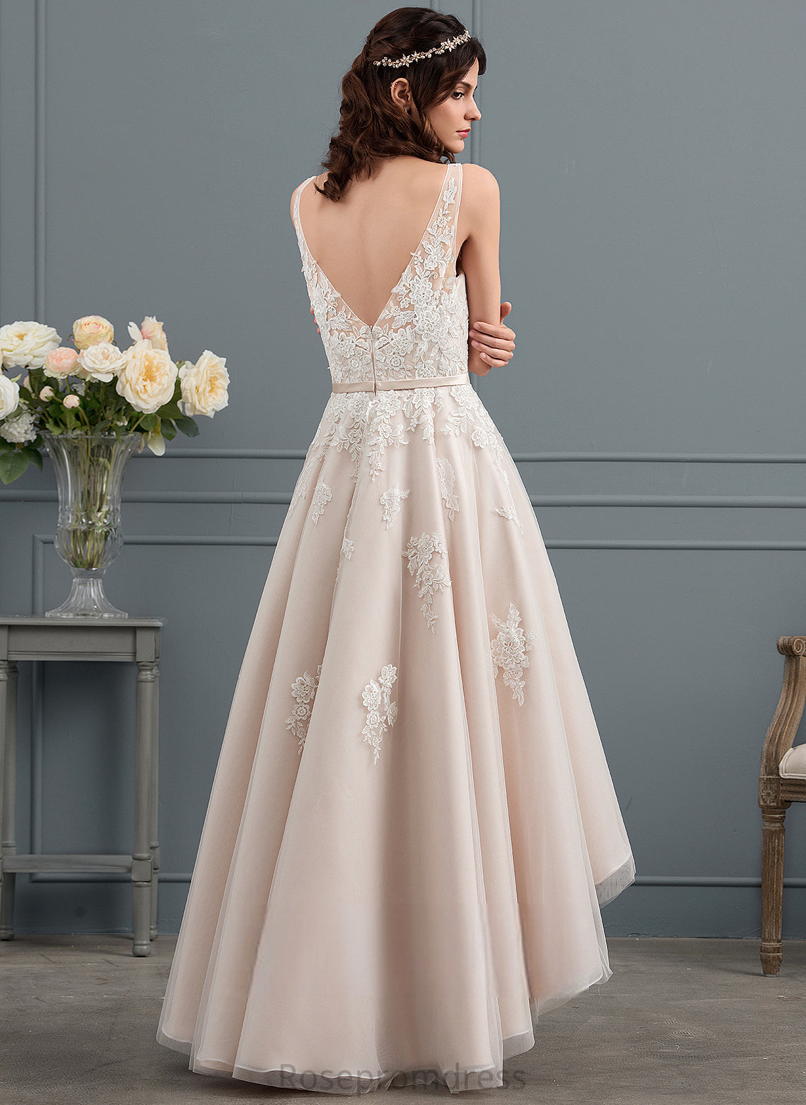 Dress Lena Asymmetrical Wedding Dresses Bow(s) Satin With Lace Wedding A-Line V-neck Tulle