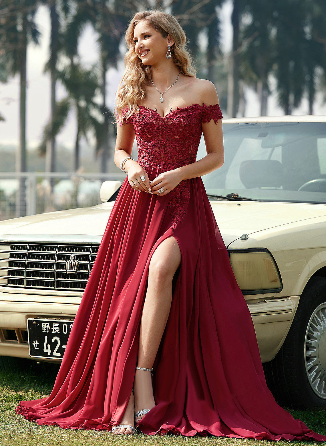 Prom Dresses Sequins With Sweep Chiffon Off-the-Shoulder Train Rebecca A-Line