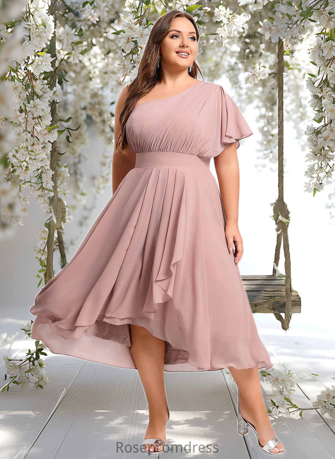 Evangeline A-line One Shoulder Asymmetrical Chiffon Bridesmaid Dress With Ruffle DSP0025819