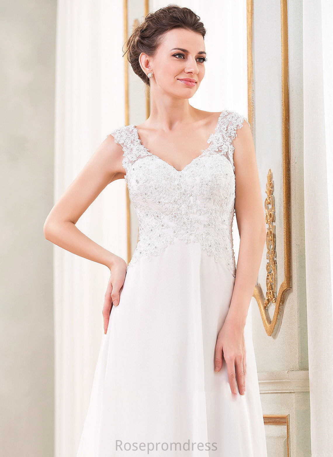 Emilee Wedding Dresses V-neck A-Line With Sweep Beading Wedding Train Lace Dress Sequins Chiffon