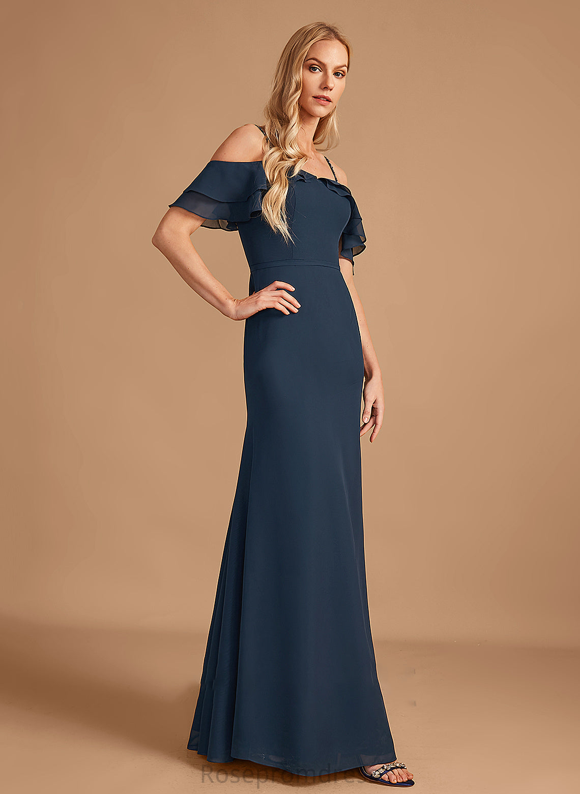 Silhouette Embellishment Beading Length Fabric Off-the-Shoulder Ruffle Floor-Length Sheath/Column Neckline Janae Off The Shoulder Bridesmaid Dresses
