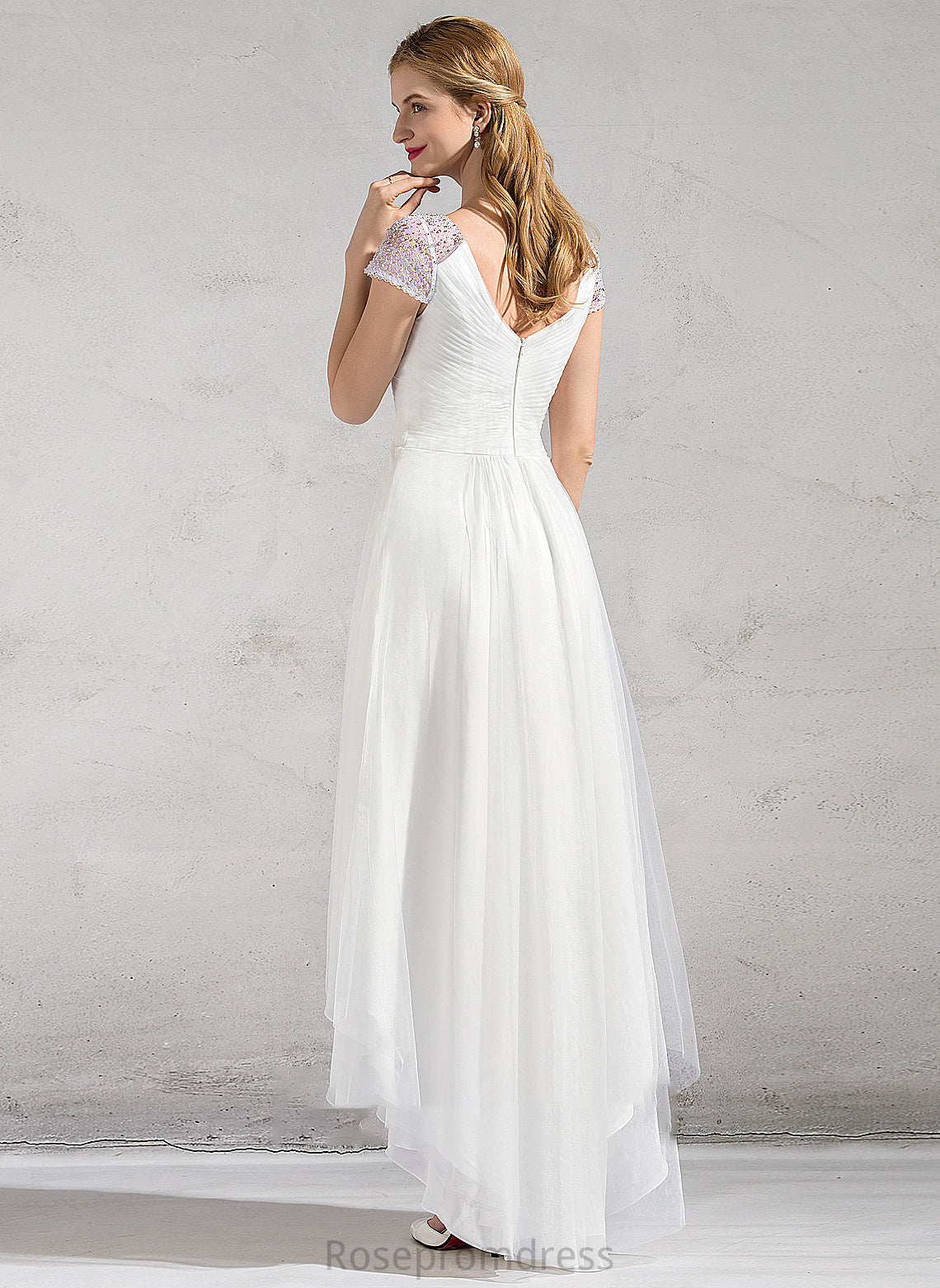 Beading Ruffle With V-neck Dress Asymmetrical A-Line Wedding Tulle Julianne Sequins Wedding Dresses