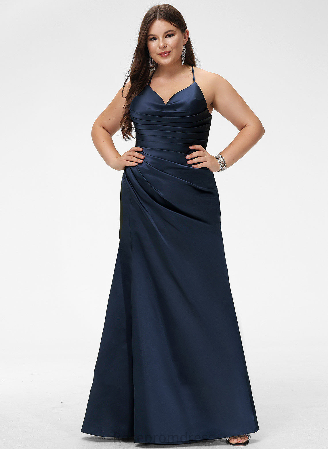 Satin Sheath/Column Floor-Length Prom Dresses Pleated Cristina With V-neck
