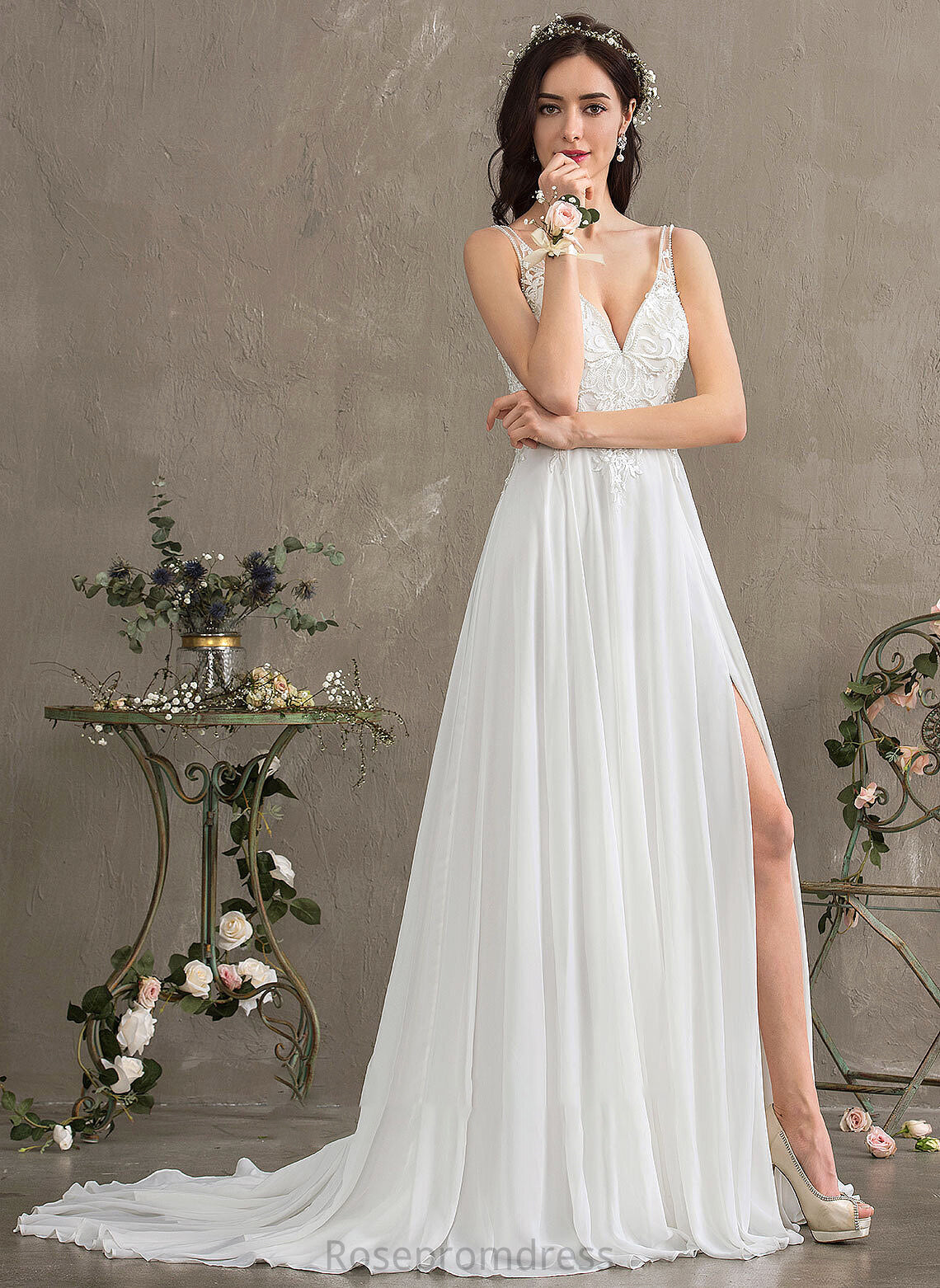 Sequins With Dress Train Sweep Split Wedding Dresses Front Beading A-Line Wedding V-neck Chiffon Cali