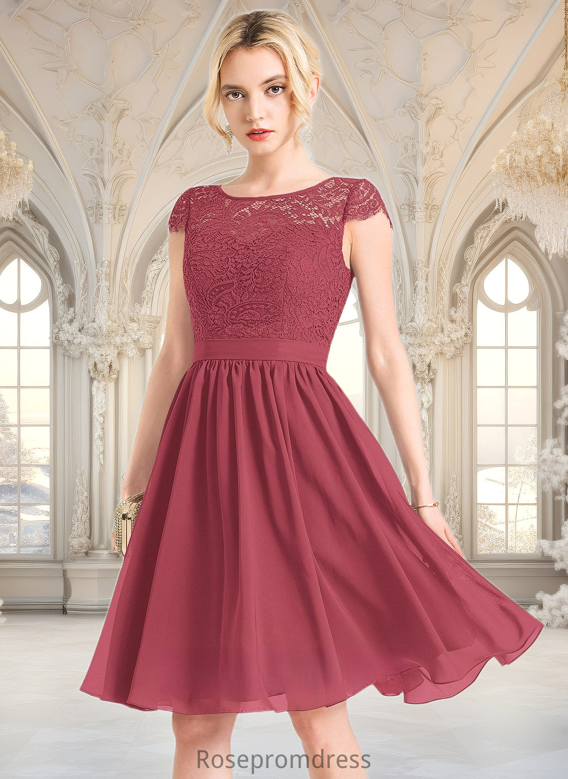Zoey A-line Scoop Knee-Length Lace Chiffon Homecoming Dress DSP0025698