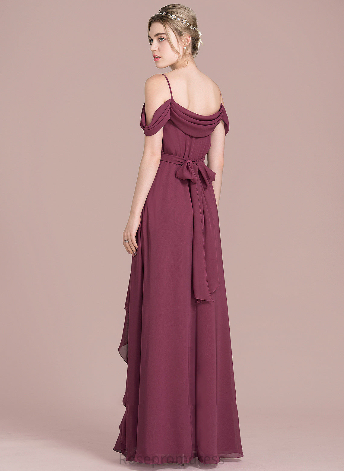 Length Floor-Length Neckline V-neck Fabric Bow(s) Embellishment A-Line CascadingRuffles Silhouette SplitFront Tess Bridesmaid Dresses