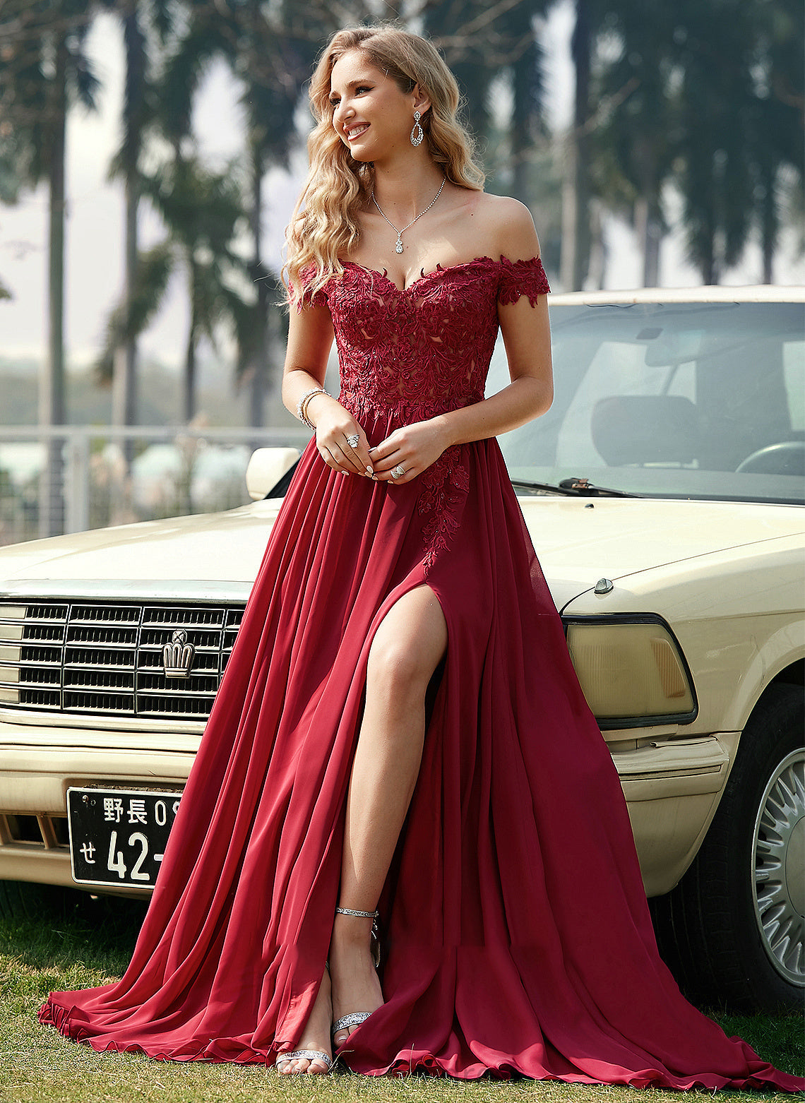 Off-the-Shoulder A-Line Prom Dresses Train Chiffon Lace Kaydence Sweep With Sequins