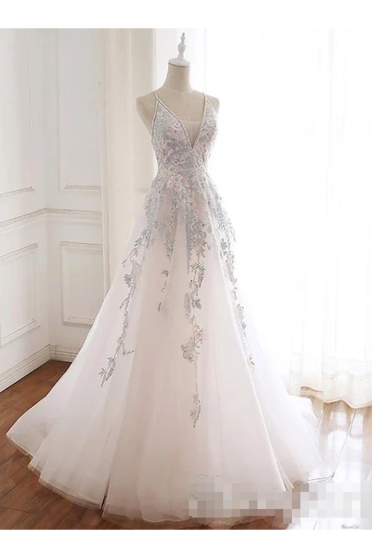 Beaded Spaghetti Strap Illusion V Neckline Wedding Dress With Colorful SRSPH7CQTB3