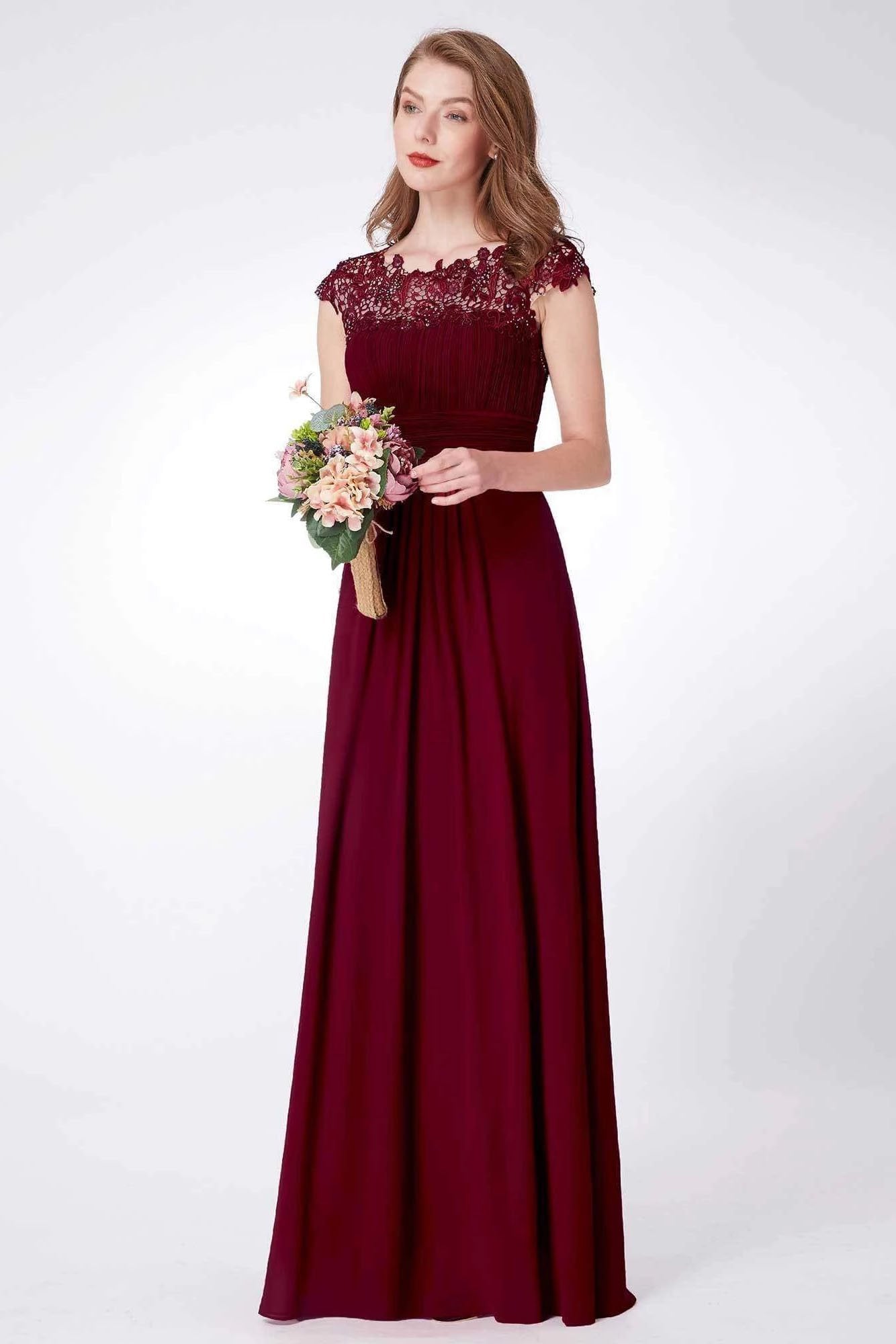 Elegant A Line Cap Sleeve Burgundy Lace Prom Dresses with Chiffon, Bridesmaid Dresses SRS15145