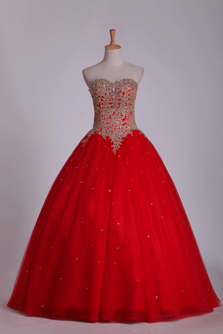 2024 Sweetheart Quinceanera Dresses Ball Gown Tulle With Beads & Applique Floor Length Red