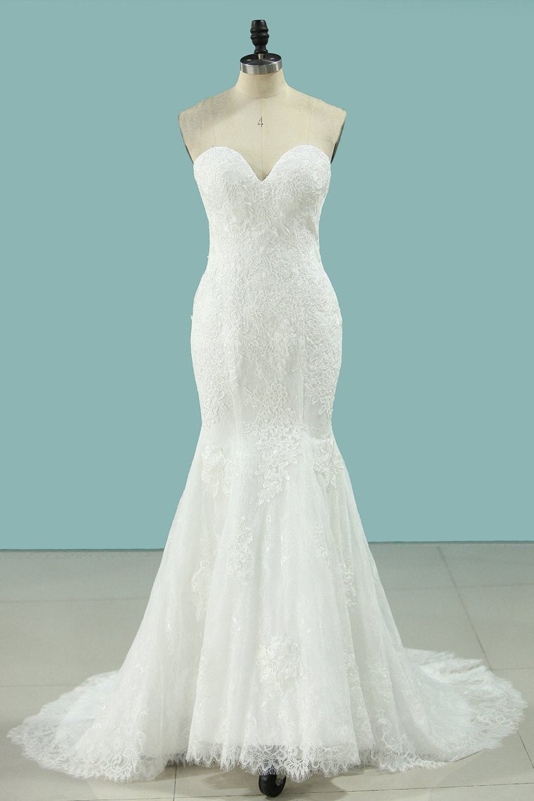 2024 Mermaid Sweetheart Wedding Dresses Lace With Applique Court Train Detachable