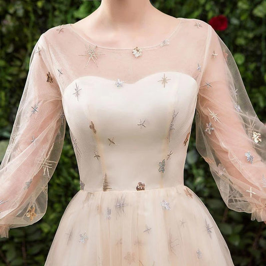 Princess A Line Long Sleeve Tulle Round Neck Evening Dress with Appliques, Prom Gowns SRS15283