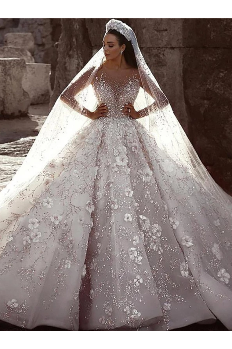 Gorgeous Long Sleeves Flowers Ball Gown Wedding Dress With Sequin Beaded