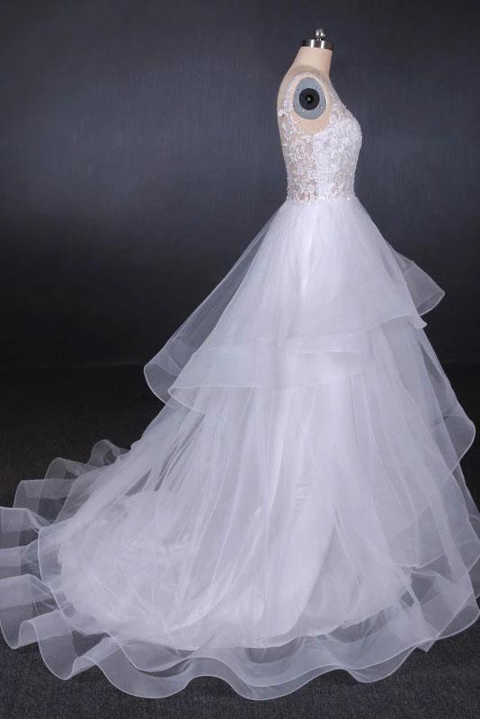 Elegant V-neck Tulle Open Back Wedding Dresses, Asymmetrical Long Bridal Dresses SRS15217