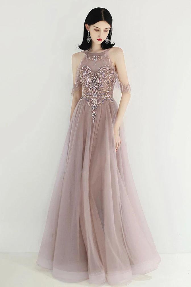Princess Off the Shoulder Tulle Beads V Back Formal Dresses Dance Prom Dresses SRS15303