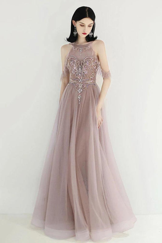 Princess Off the Shoulder Tulle Beads V Back Formal Dresses Dance Prom Dresses SRS15303