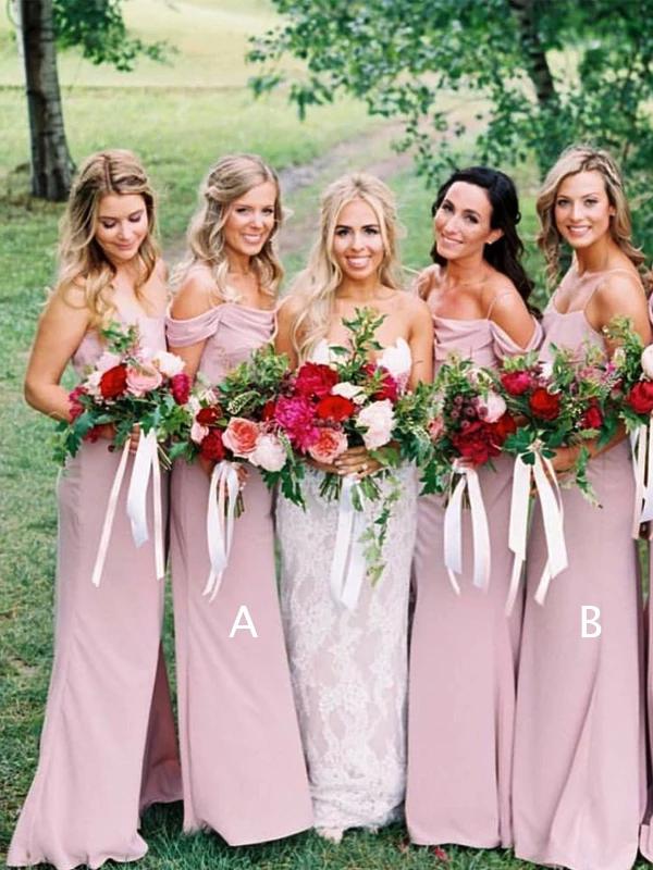 Dusty Pink Chiffon Sheath Off Shoulder Long Bridesmaid Dresses, Wedding Party Dresses SRS15141
